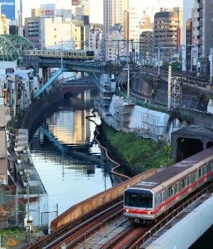 Tokyo scene of several trains with bridges and skyline in background